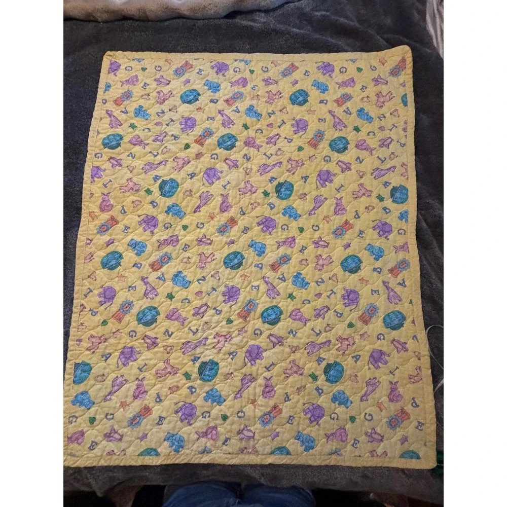 1990s  Baby Quilt Alphabet Animal Noahs Ark Nursery Blanket Yellow Pastel 34x41
