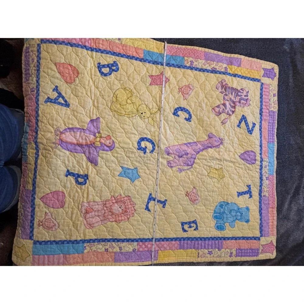 1990s  Baby Quilt Alphabet Animal Noahs Ark Nursery Blanket Yellow Pastel 34x41