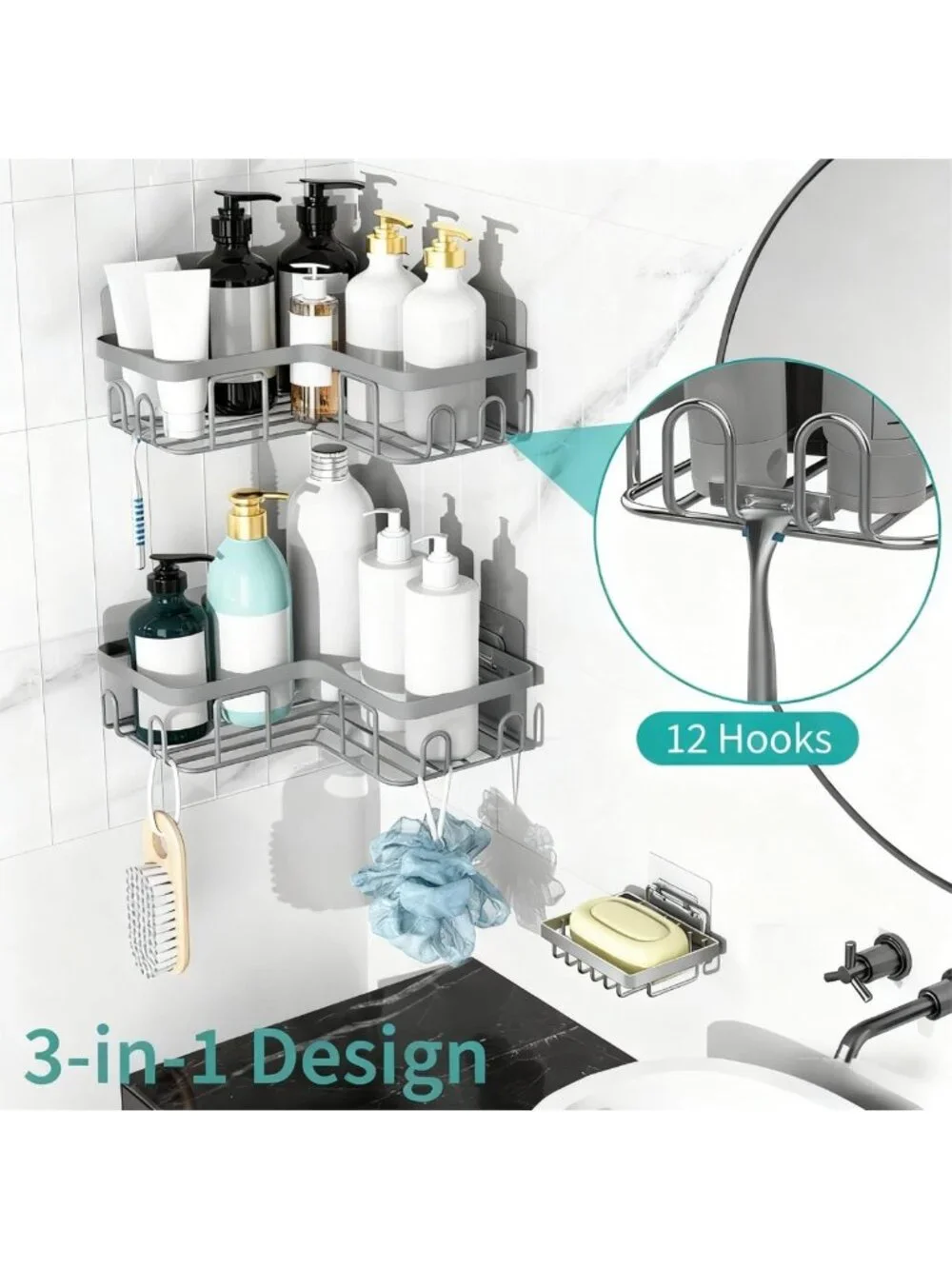 Stylish Corner Shower Caddy Organizer - Self-Adhesive Grey Bathroom Shelf