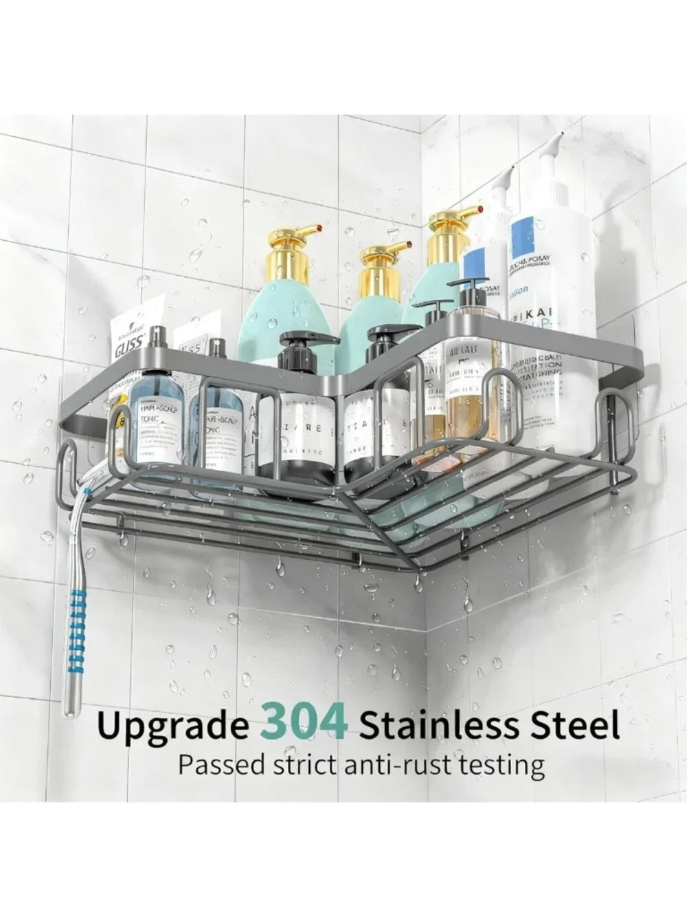 Stylish Corner Shower Caddy Organizer - Self-Adhesive Grey Bathroom Shelf