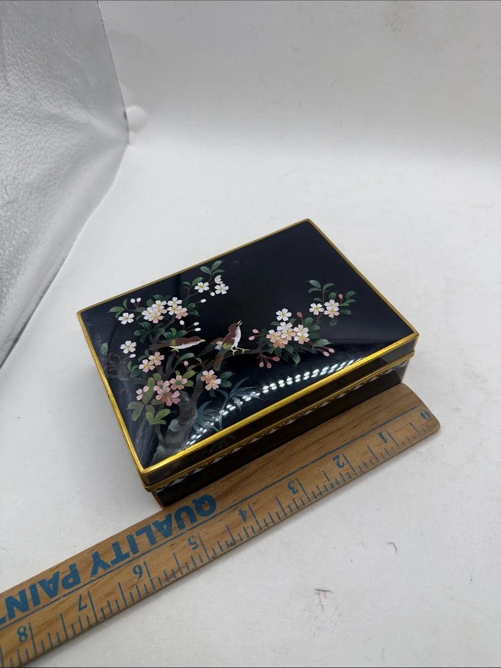 Vtg Japanese Black Lacquer Jewelry  Trinket Box Cherry Blossom Birds Gold Tone