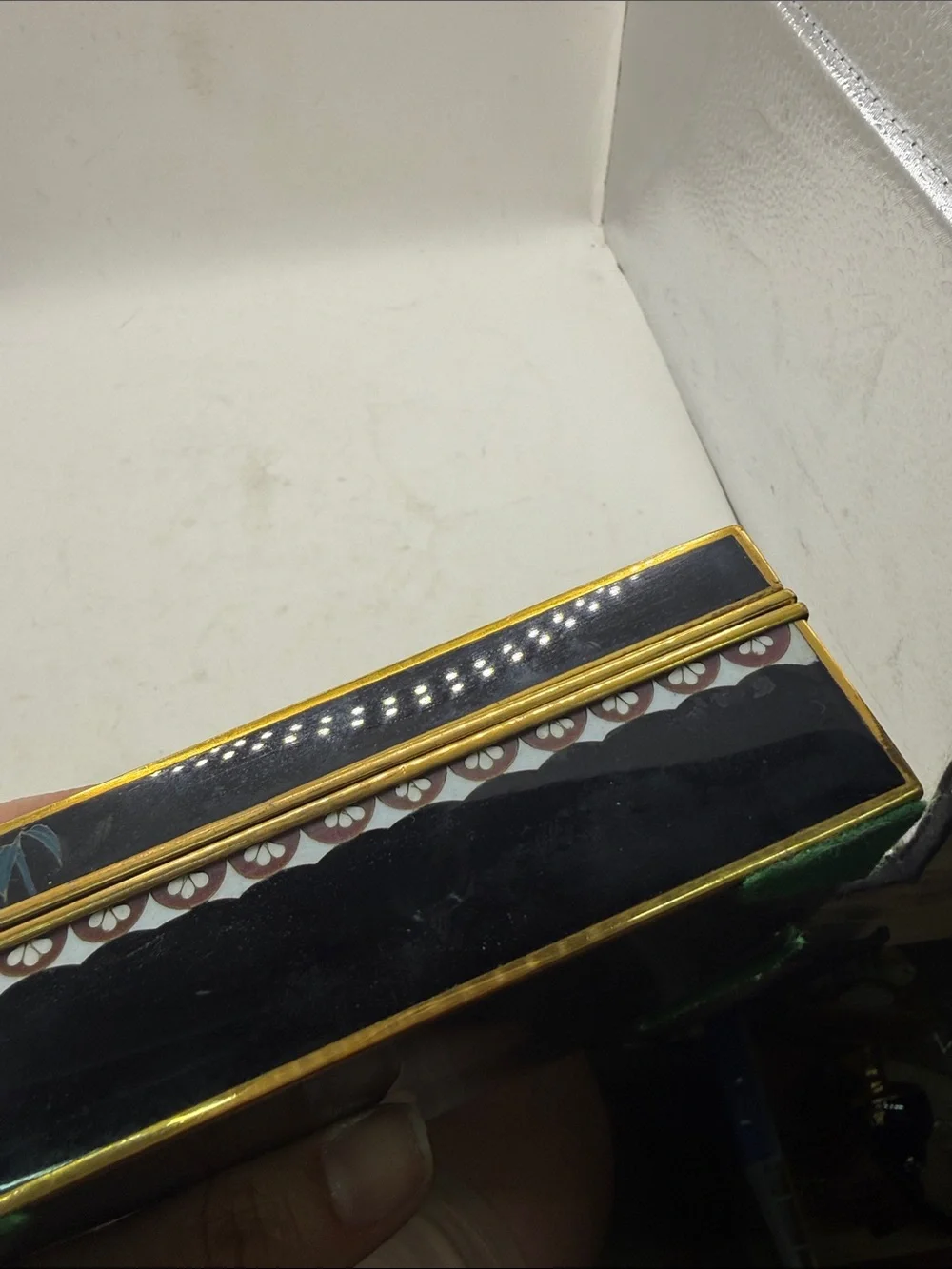 Vtg Japanese Black Lacquer Jewelry  Trinket Box Cherry Blossom Birds Gold Tone