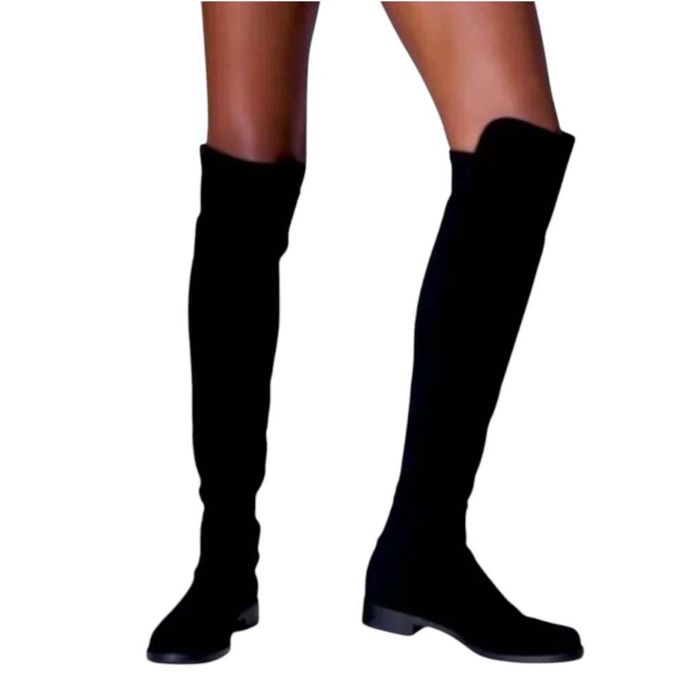 STUART WEITZMAN Langdon Black Suede Skin-Tight Over The‎ Knee Pull-On Boots SZ 8