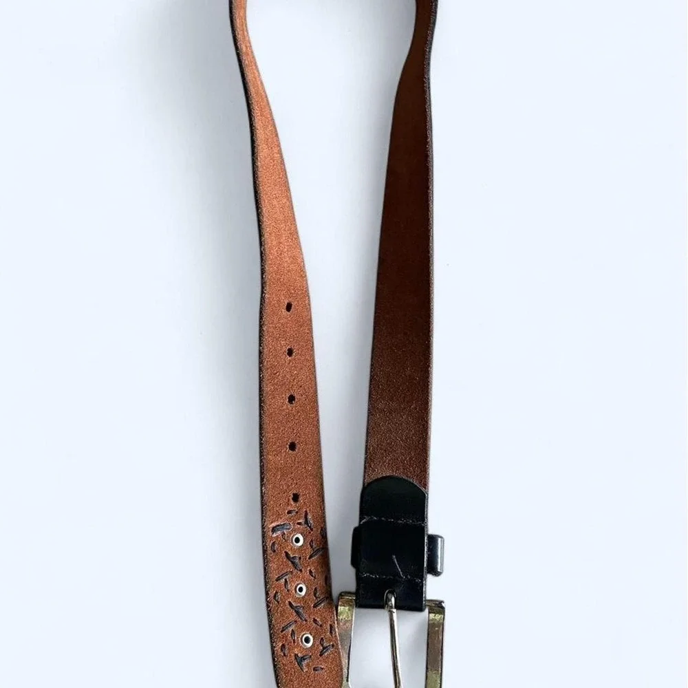 Black leather western embroidered belt with silver buckle