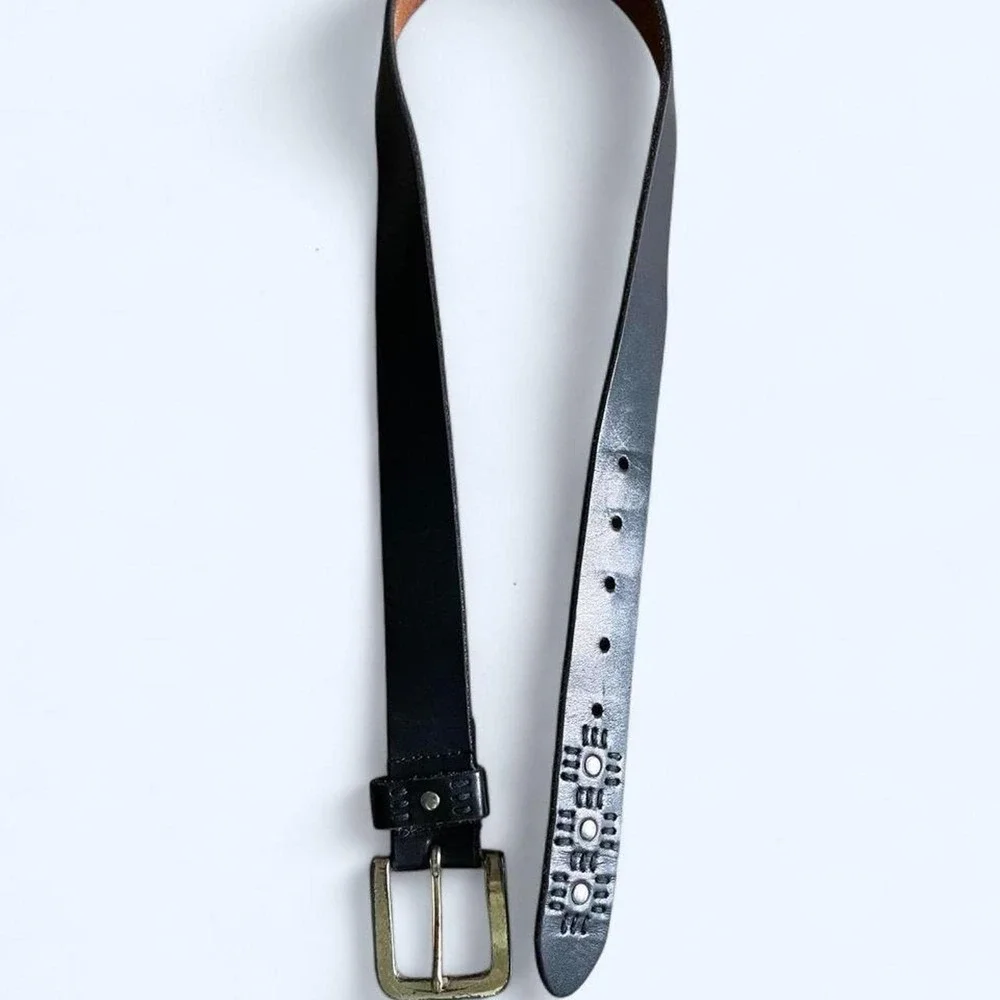 Black leather western embroidered belt with silver buckle