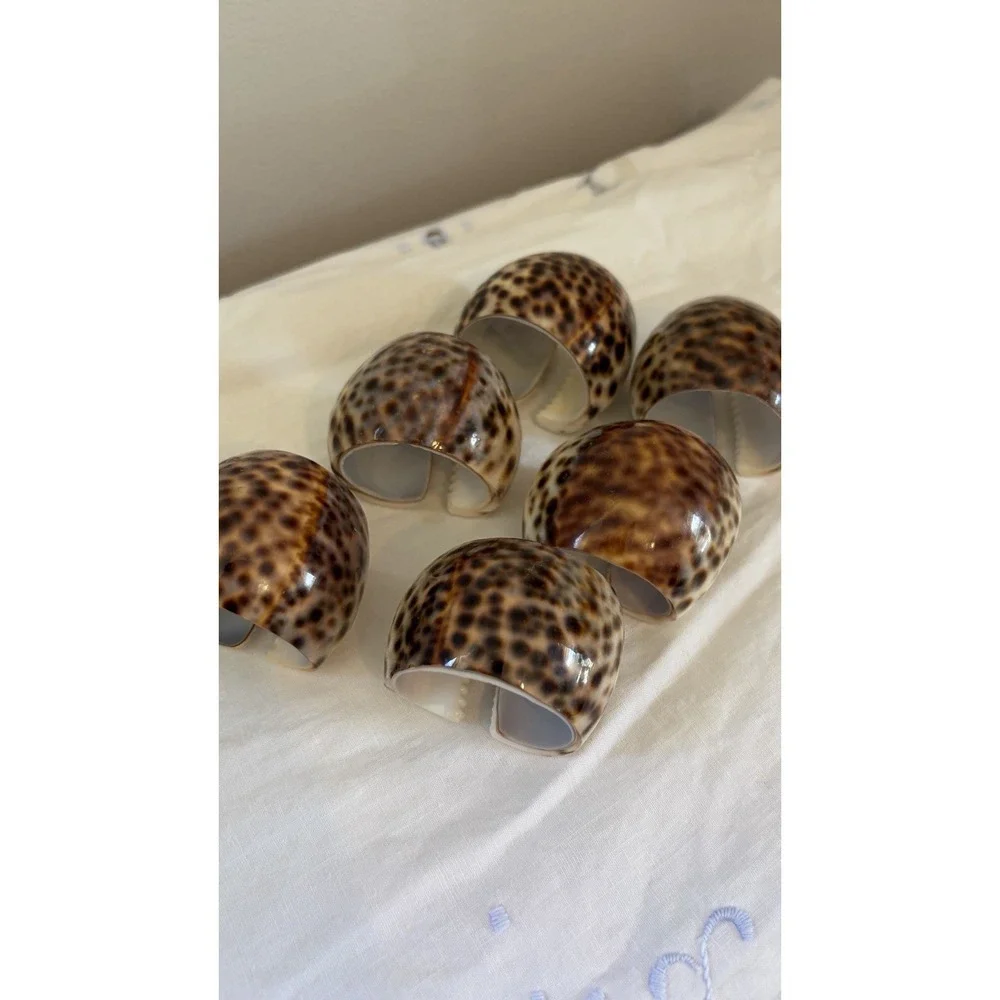 Vintage Tiger Cowrie Shell Napkin Rings Set Of 6 Coastal Beach Table Decor