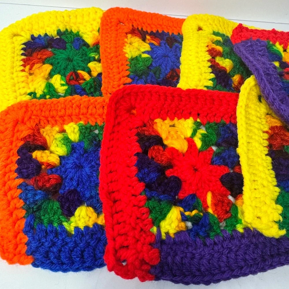 Handmade Rainbow Crochet Coaster Granny Squares Set of 6 Multicolor Boho Craft