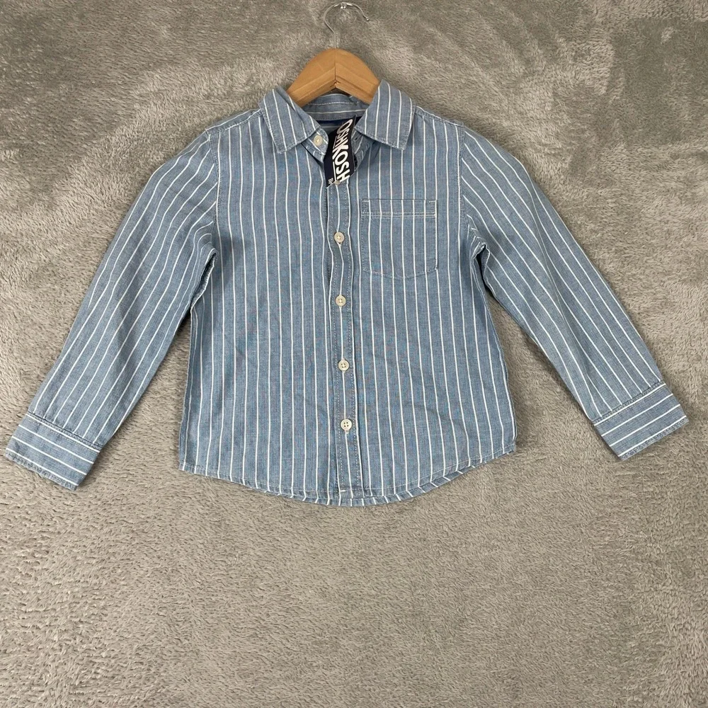 OshKosh‎ Button Down Shirt Toddler Boys Size 5T Blue Striped Long Sleeve Cotton