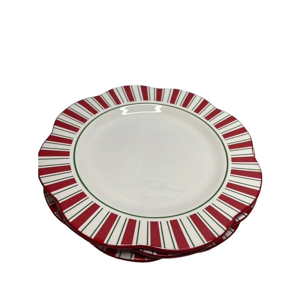 3 Pier 1 One Candy Cane 11” Dinner Plates Scalloped Edge Hand Painted Ironstone