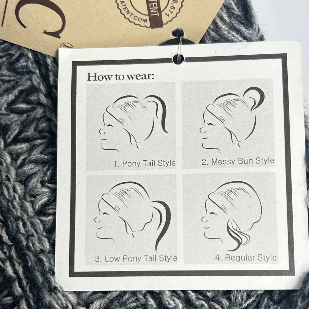 CC Kids Messy Bun Beanie‎ Tail Winter Hat Gray White Knit Ponytail Beanie