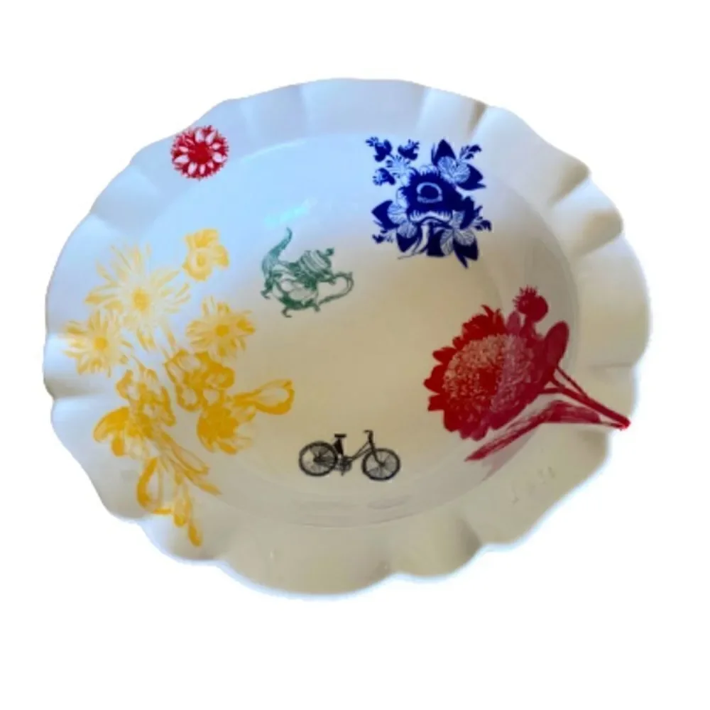 Anthropologie Large Serving Bowl White Floral Decorated Fleur 13”