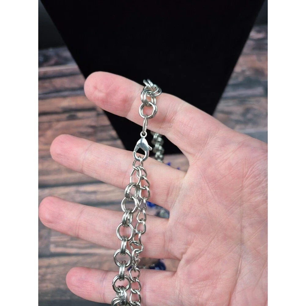 Vtg Lucite Flower Cluster Necklace Blue Crystal Silver Tone‎ 17–19