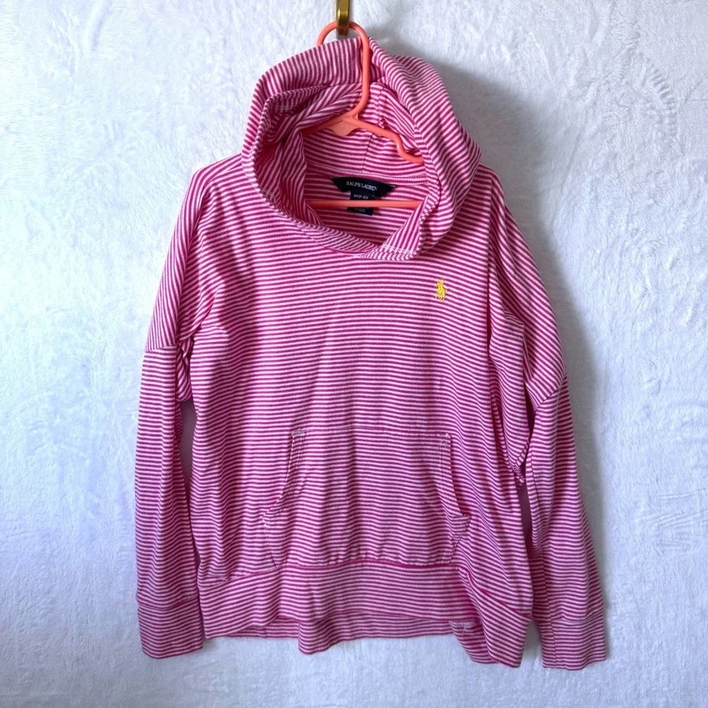 Ralph Lauren Hoodie Striped Pony Logo Size M 8-10 Pink Girls‎