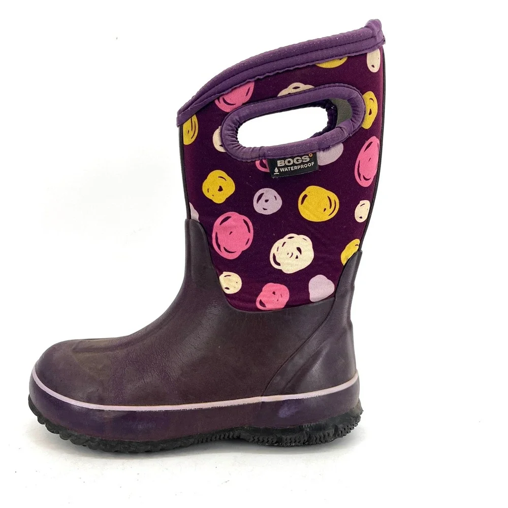 Bogs Kids Waterproof‎ Boots Purple Polka Dot Pull On Rain Boots Youth 1 EU 31