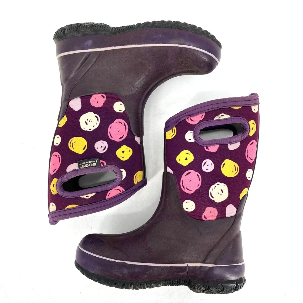 Bogs Kids Waterproof‎ Boots Purple Polka Dot Pull On Rain Boots Youth 1 EU 31