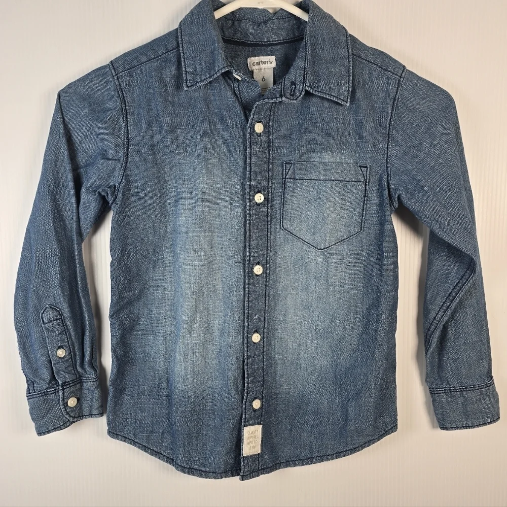 Carter's Boy/Girl Blue Button Down Denim Shirt Medium Wash Size 6 Long Sleeve