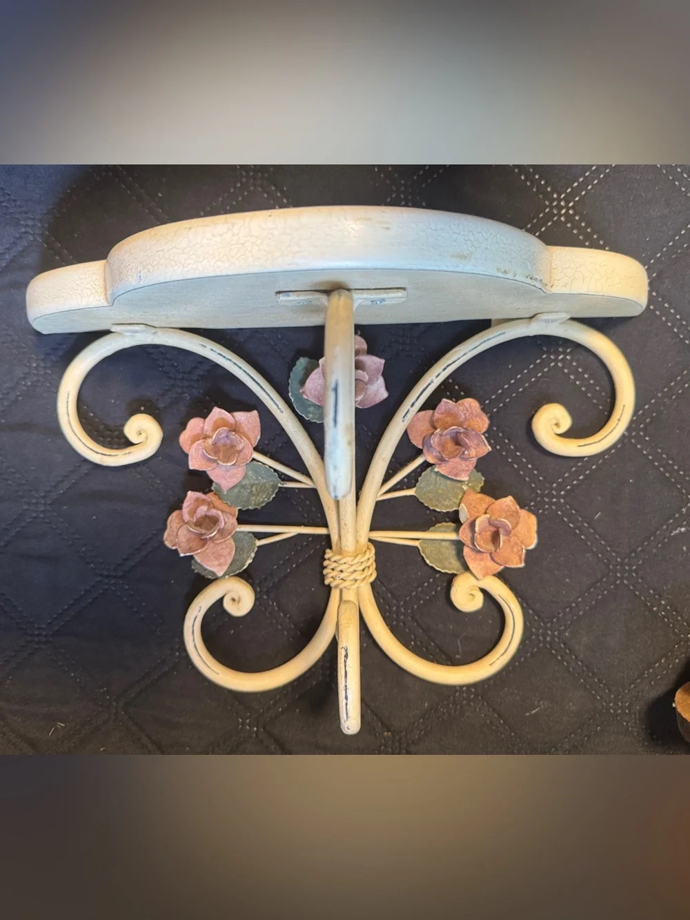 Vintage Decorative Wrought Iron Wall Hook with Pink Rose Accents