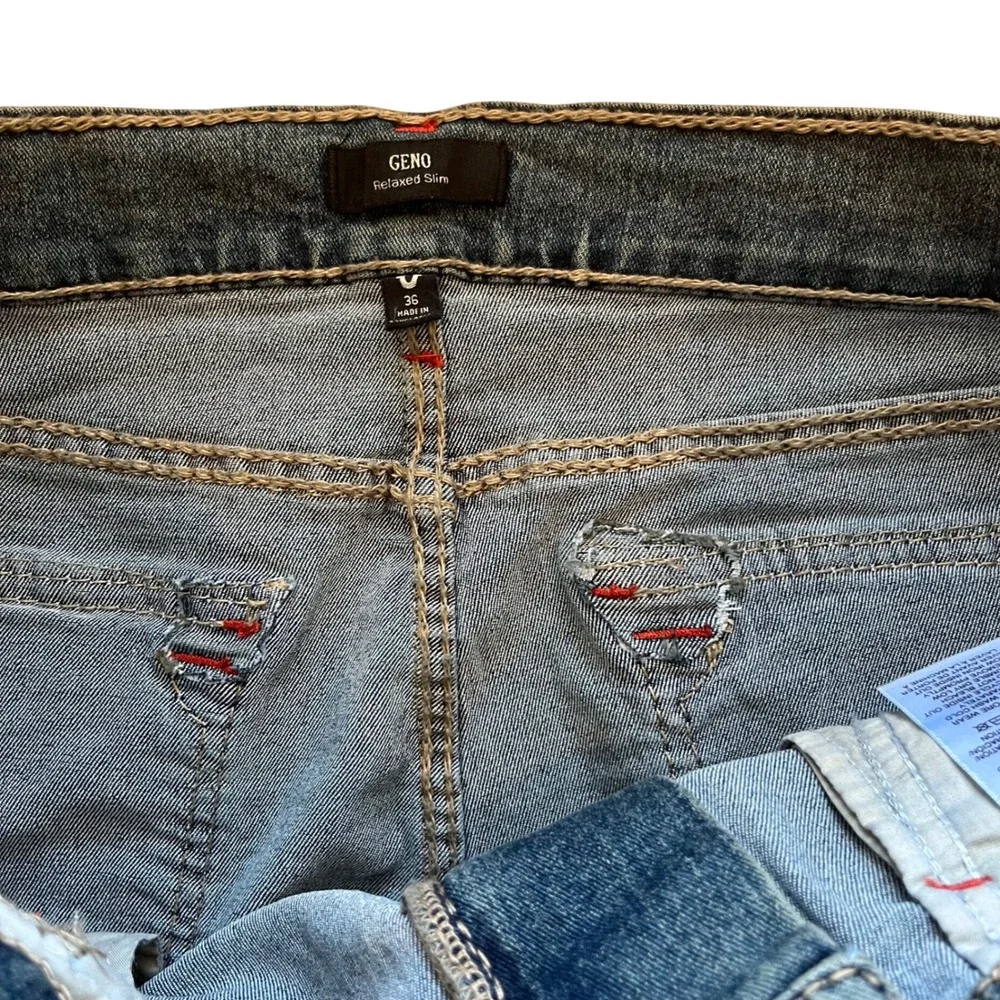 True Religion Geno Big T Flap Slim Jeans Mens 36 Medium Steamy Wash Blue 700393‎