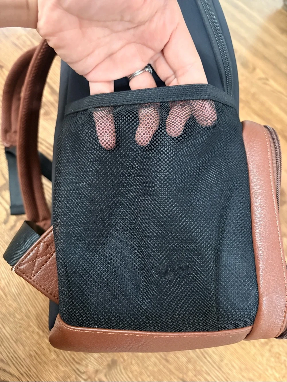 Freshly Picked Black Neoprene and Brown Vegan Leather Mom Travel Backpack