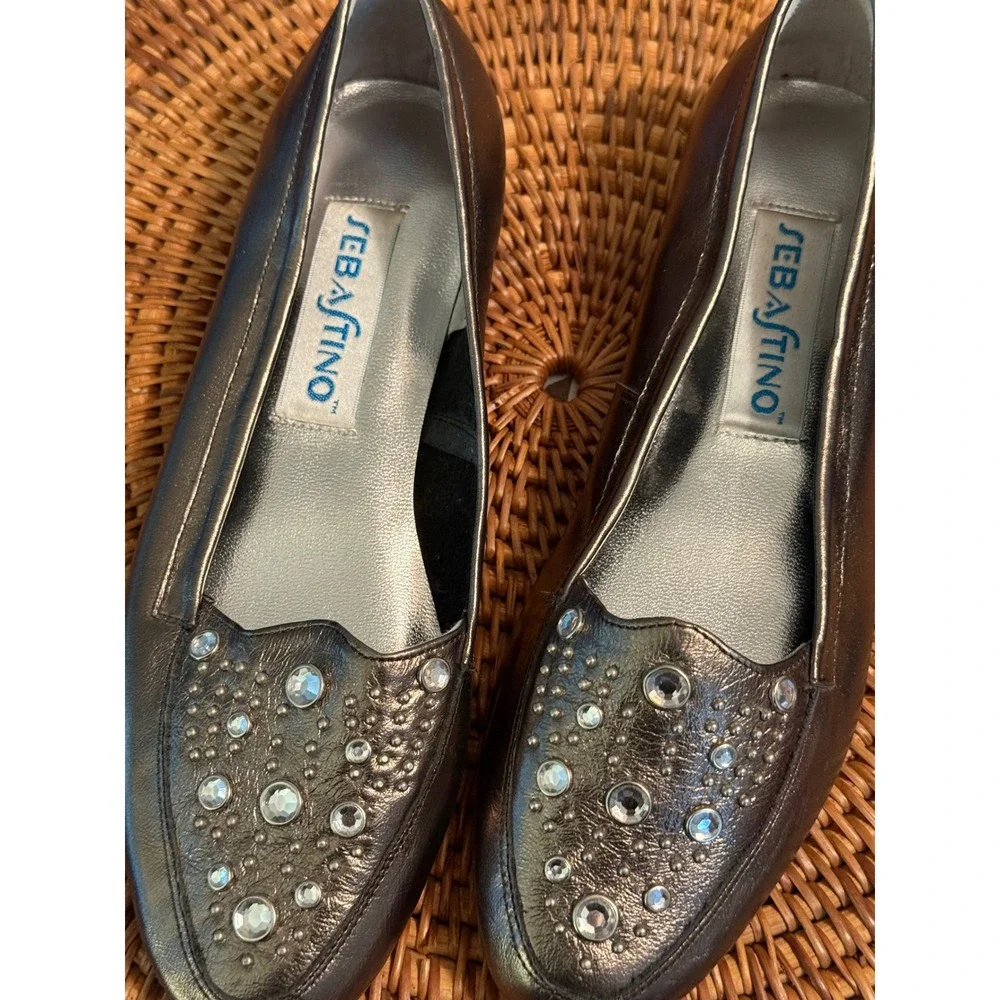 Sebastino Brock Womens 7.5 M Metallic Pewter Leather Rhinestone Studded Loafers