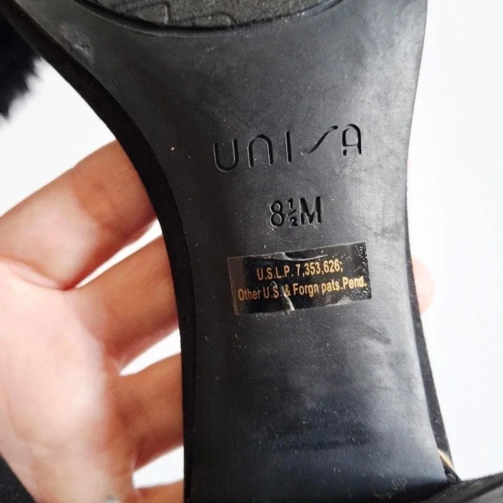 Unisa Black faux fur block heels sandals 8.5/9 y2kstyle goth whimsygoth‎ fairy