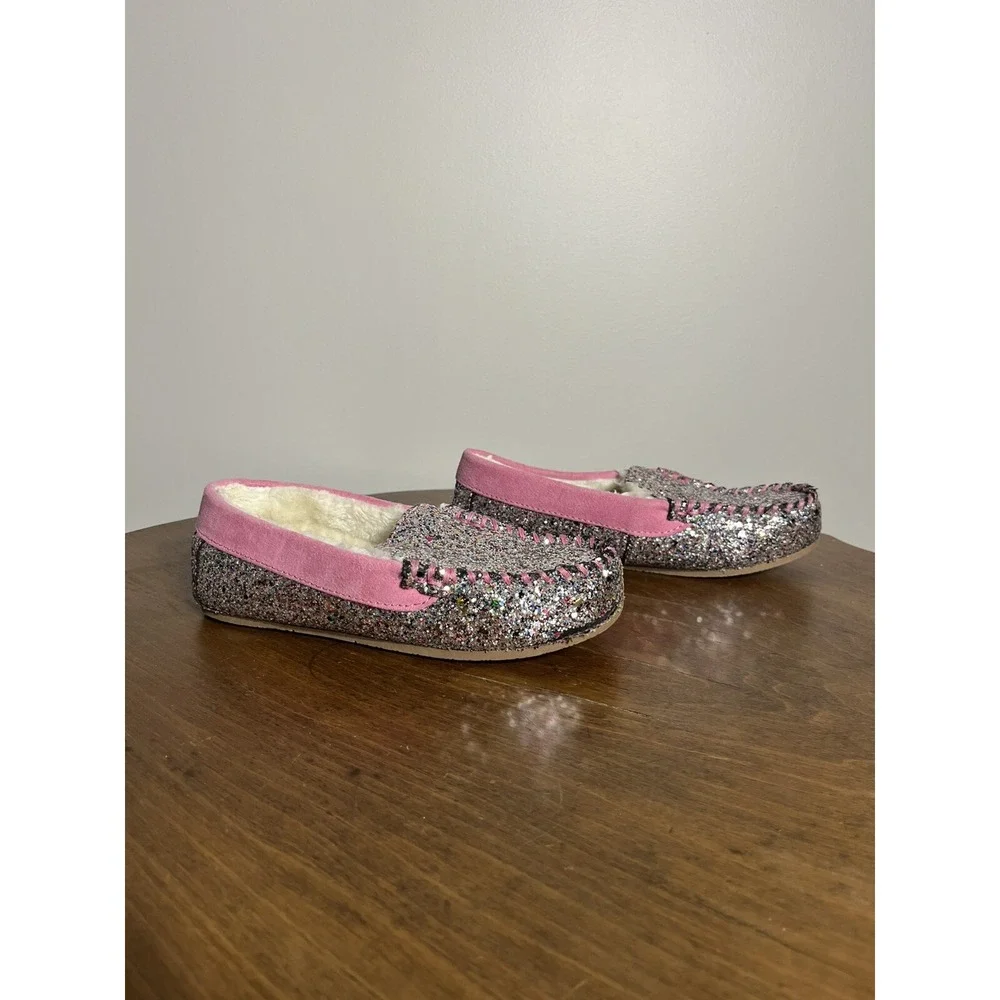 Lands End Kids Youth‎ Pattern Moccasin Slippers Multi Glitter Pink Sparkle Sz 3