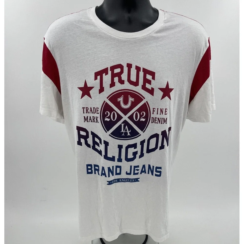 True Religion TShirt Mens SizeXL Short Sleeve Football Crew Neck Red White Black