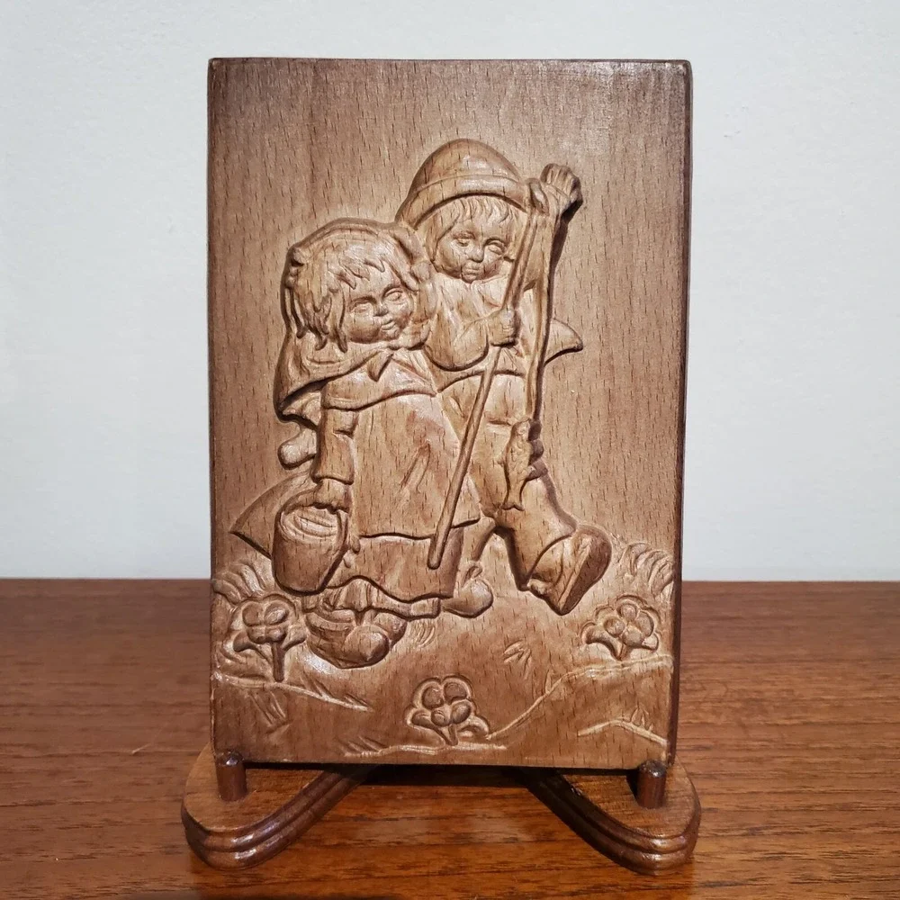 Toni Baur‎ carved wooden wall hanging, boy and girl with fishing pole and fish