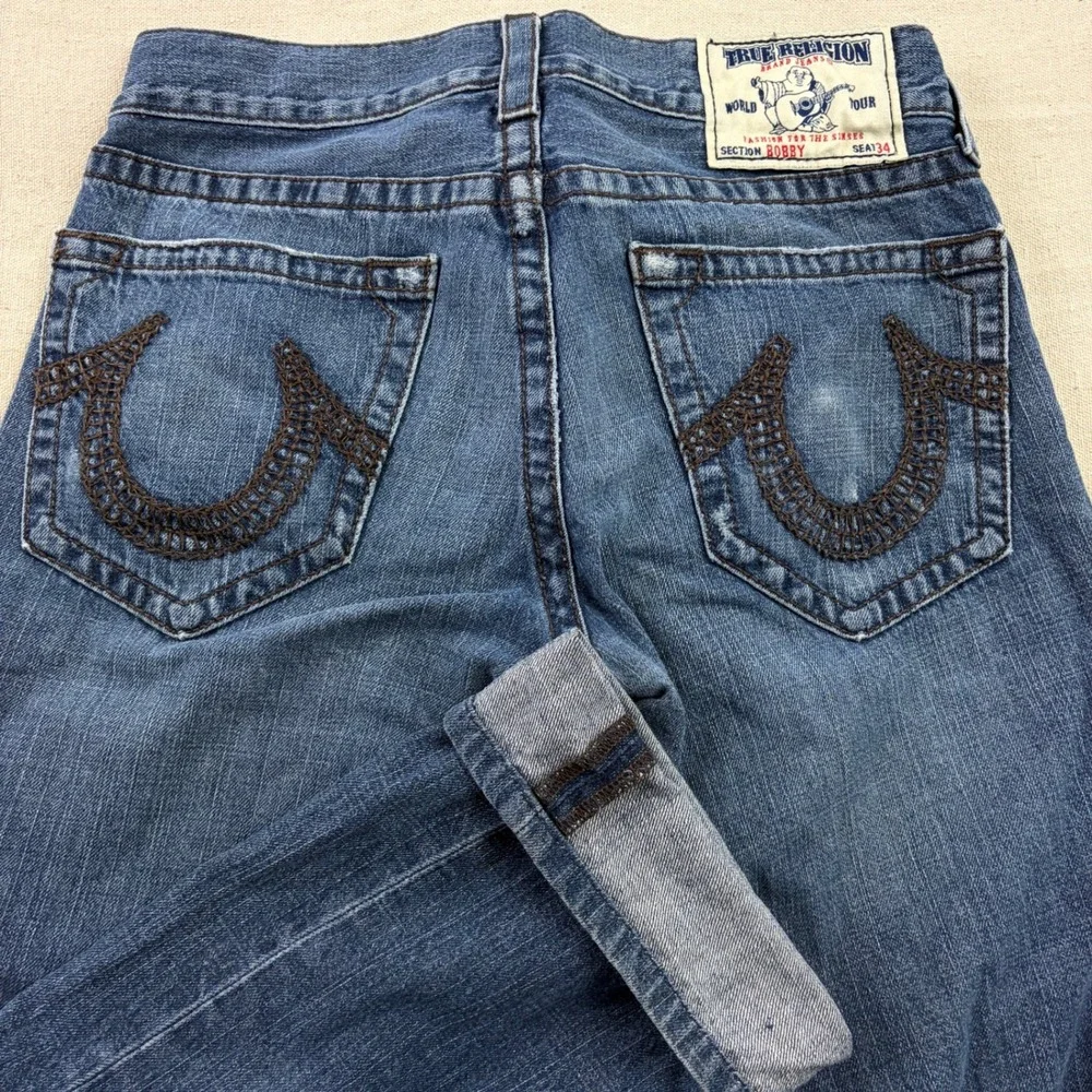 True Religion Bobby Jeans Mens 32 Blue Straight Leg Thick Contrast Stitching