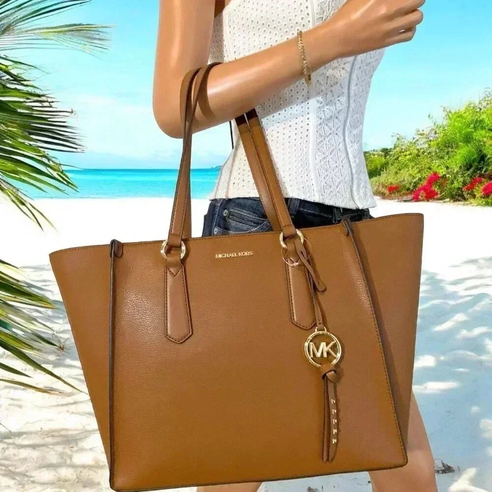 Michael Kors Large Luggage Brown Leather Kris Travel Career Work Tote Bag NWT