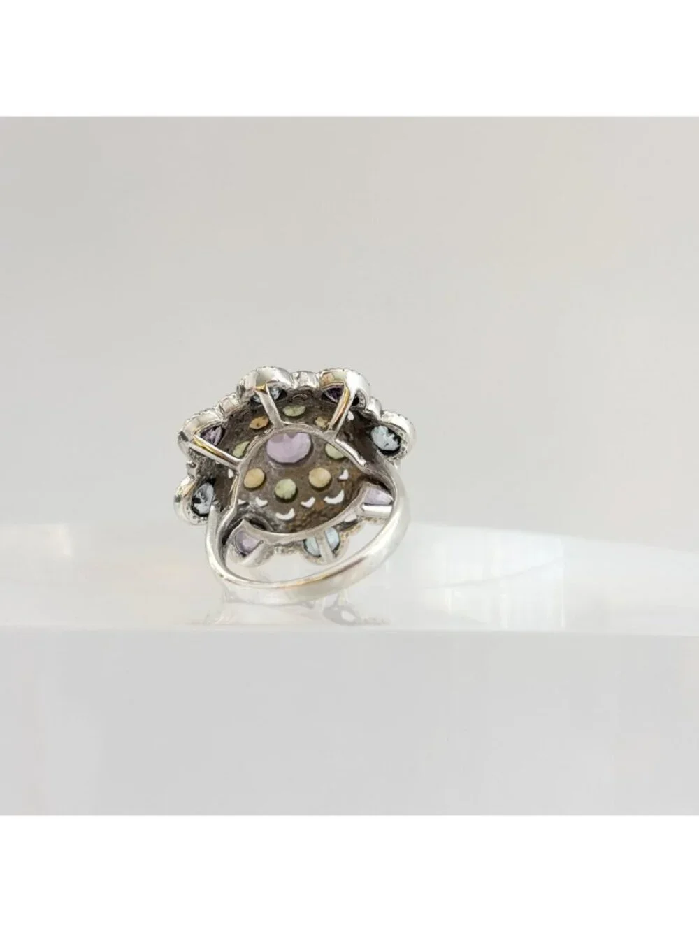 Cluster Rainbow Gemstone Blooming Flower Sterling Silver 925 Vintage Ring - sz 6