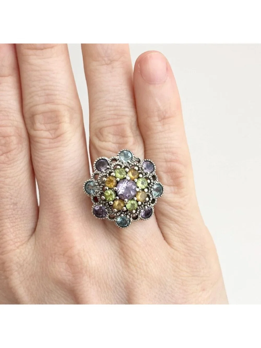 Cluster Rainbow Gemstone Blooming Flower Sterling Silver 925 Vintage Ring - sz 6