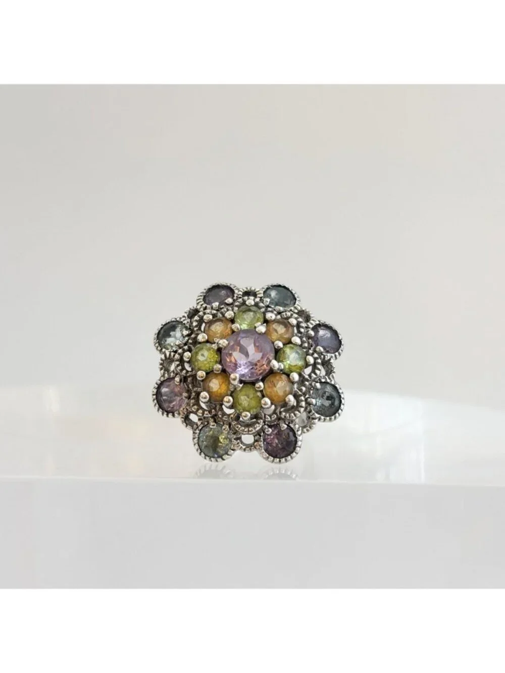 Cluster Rainbow Gemstone Blooming Flower Sterling Silver 925 Vintage Ring - sz 6