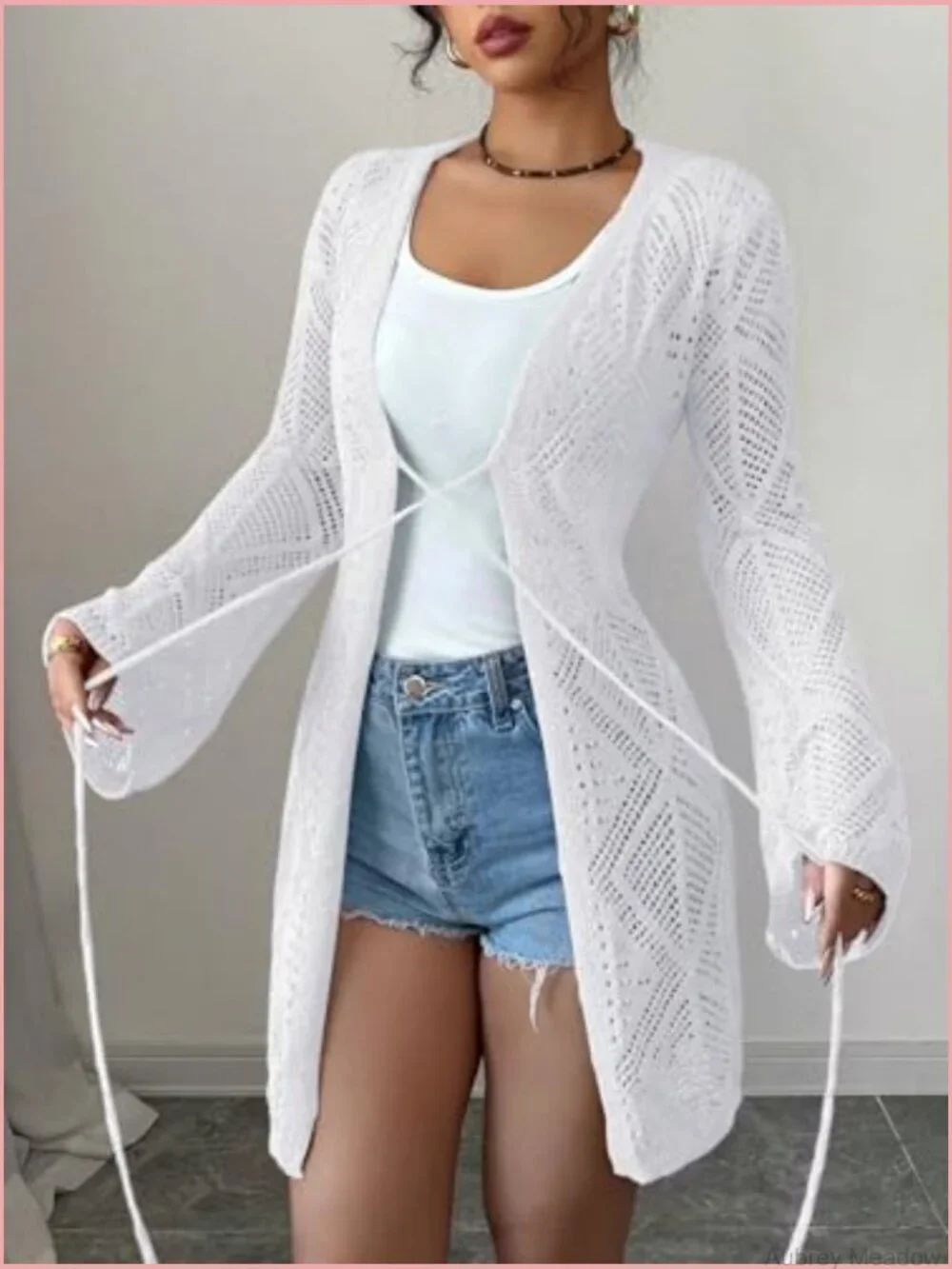 Boho Crochet Sheer Mesh Beach Cover-Up Open Front Loose Knit Cardigan