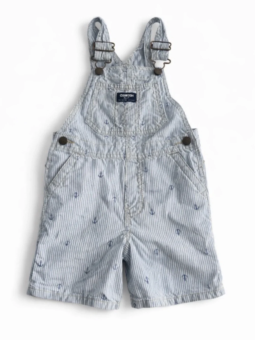 OshKosh B’gosh 4T Nautical Anchor Shortalls Blue White Stripe Adjustable Overall