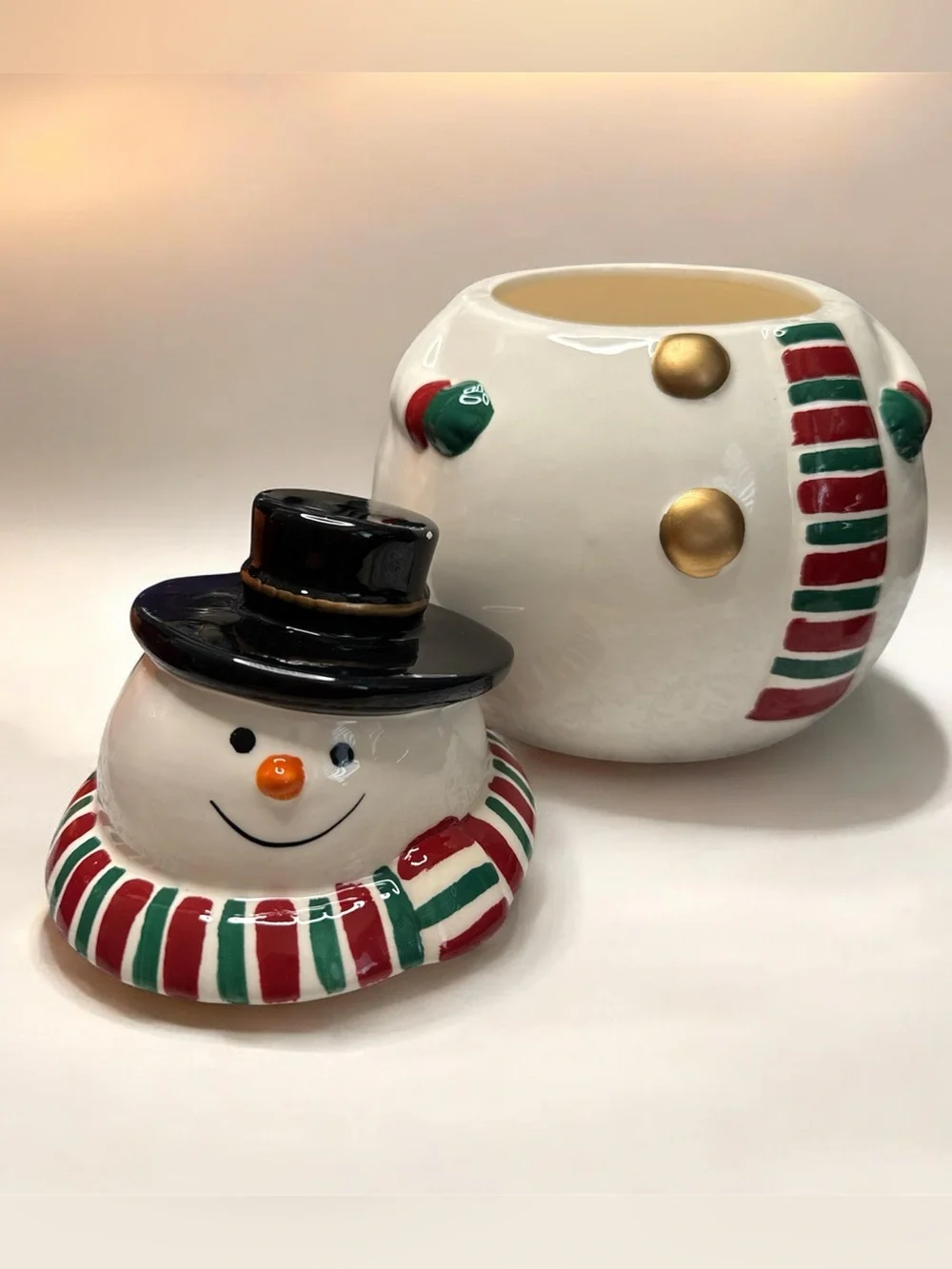 Gibson White Snowman Jar with Black Hat and Red-Green Scarf
