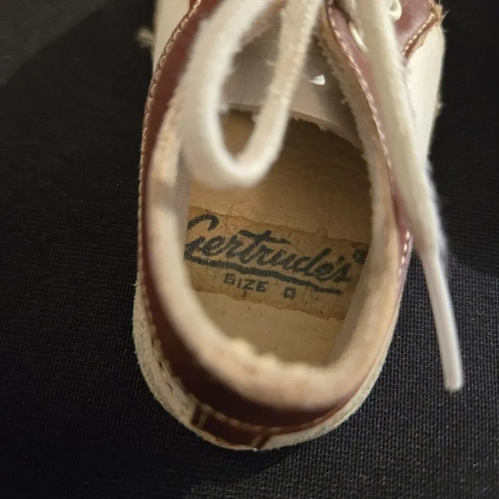 Vintage Gertrude's Brown/White Baby Infant Shoes Sz.0 Lace-up Firm Bottom Oxford