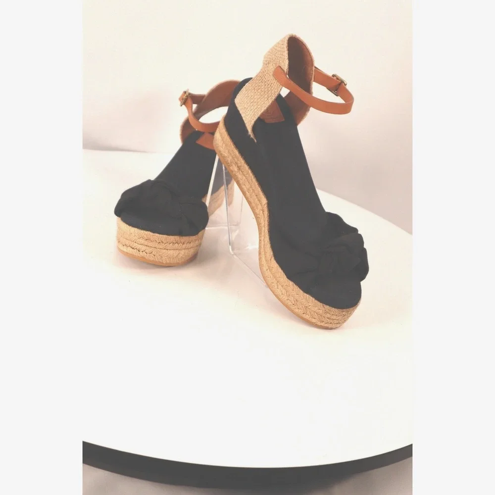 Tory Burch Knotted Bow‎ Espadrille Wedge Sandals Black/Tan Leather Strap Size 10
