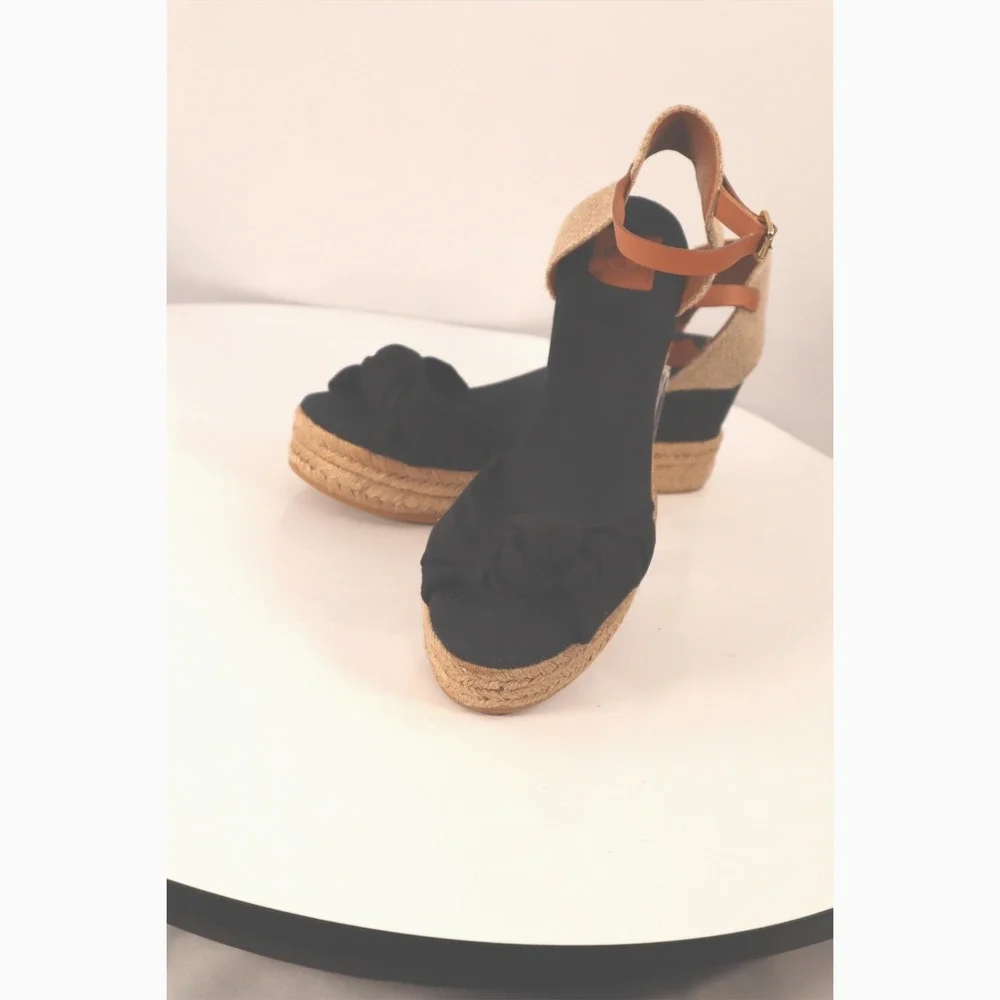Tory Burch Knotted Bow‎ Espadrille Wedge Sandals Black/Tan Leather Strap Size 10