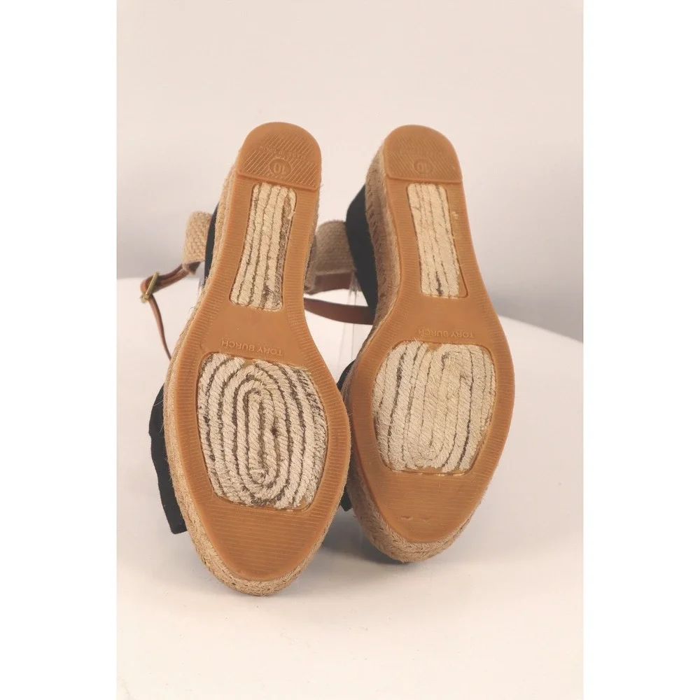 Tory Burch Knotted Bow‎ Espadrille Wedge Sandals Black/Tan Leather Strap Size 10