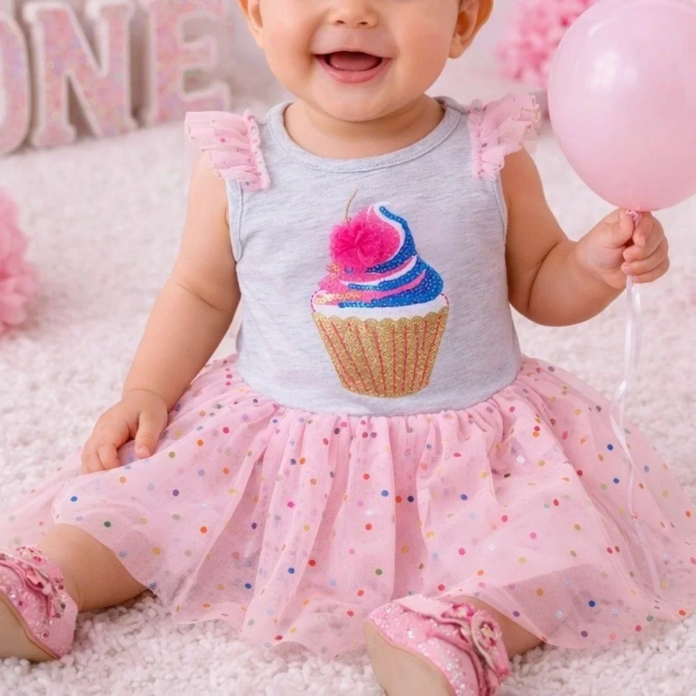 Rare Editions 12M Cupcake‎ First Birthday Dress Sequin Confetti Tulle Tutu