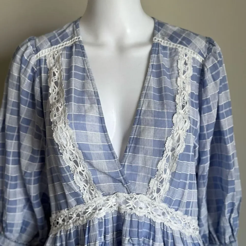 Free People Boho Lace Crotchet Plaid Puff Sleeve Top