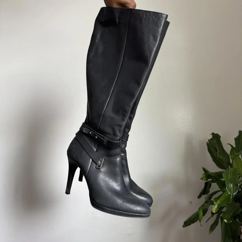 Vintage‎ Black knee-high side zip leather boots with side buckle size 10