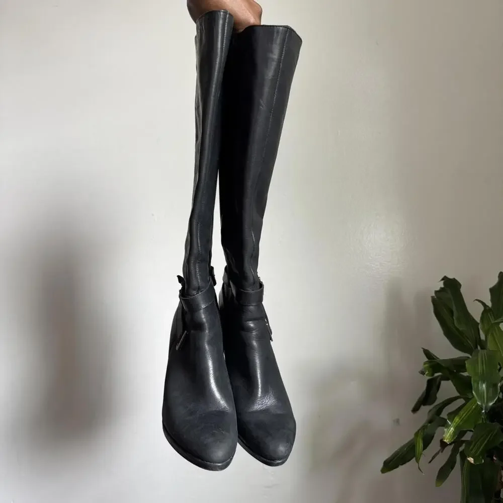 Vintage‎ Black knee-high side zip leather boots with side buckle size 10