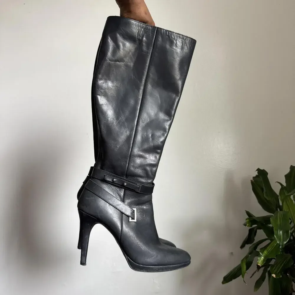 Vintage‎ Black knee-high side zip leather boots with side buckle size 10