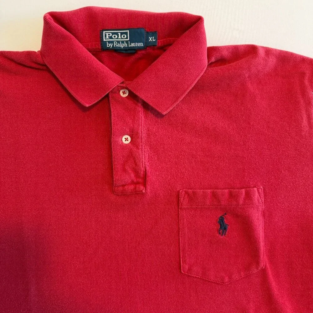 Vintage 80s POLO RALPH LAUREN Red Pique Short Sleeve Pocket Shirt XL