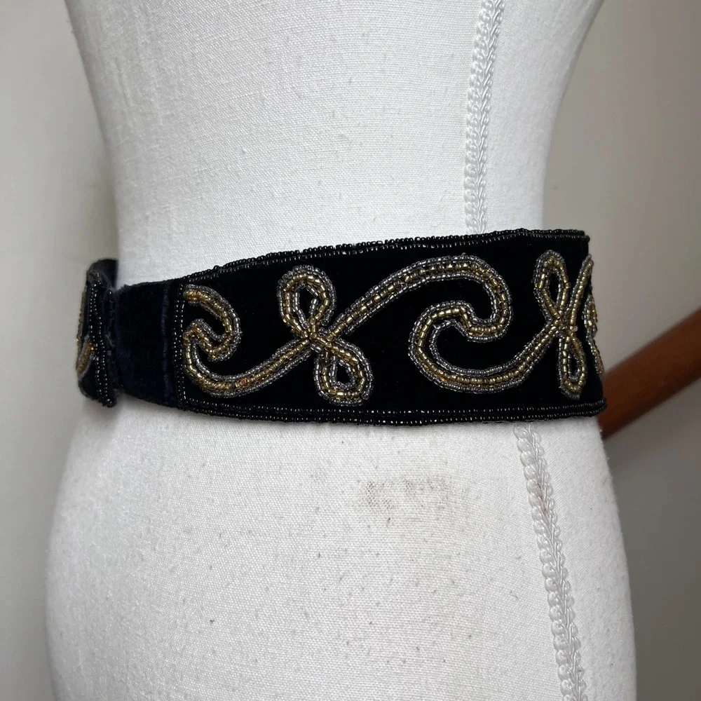 Vintage 90s Beaded Velvet Waist Belt Black Metallic Ornate Statement Chunky Wide