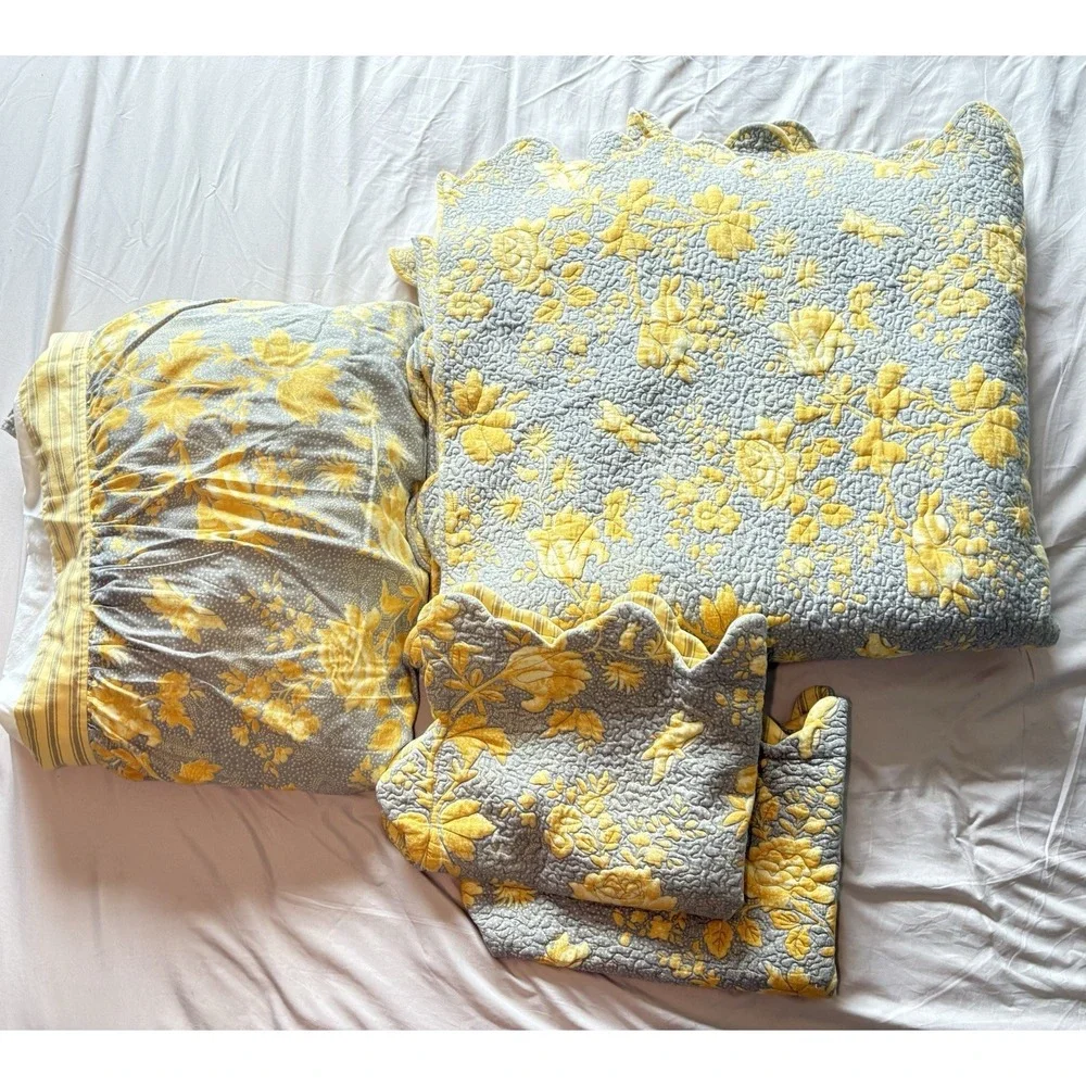 Soft Surroundings Yellow Blue Floral Scalloped Queen Quilt, Bedskirt & 2 Shams