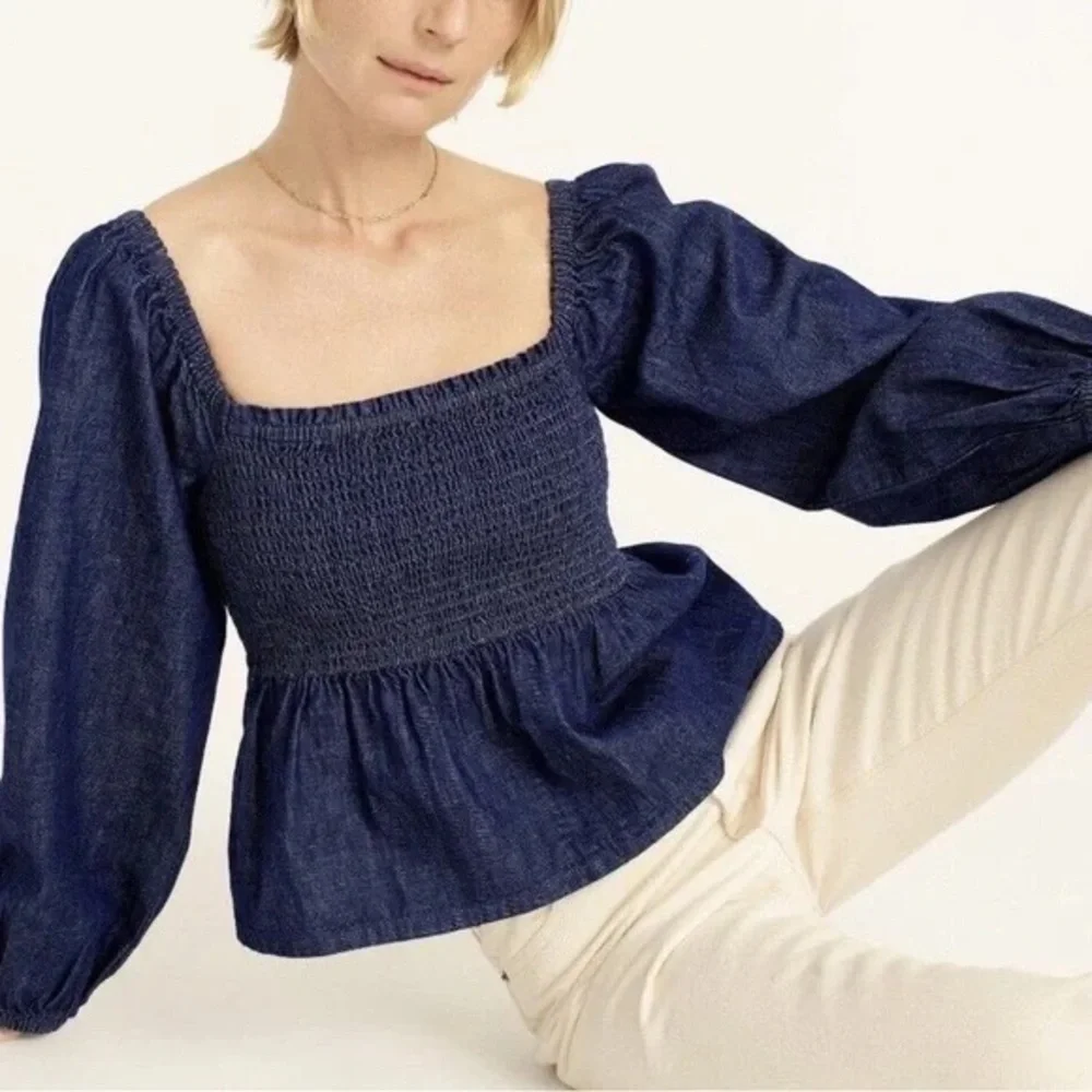 J Crew Long Puff Sleeve Chambray Top Dark Wash Smocked Top