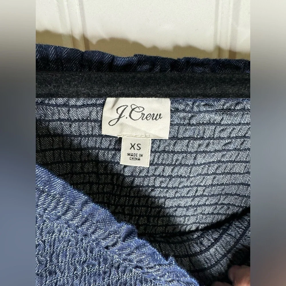 J Crew Long Puff Sleeve Chambray Top Dark Wash Smocked Top